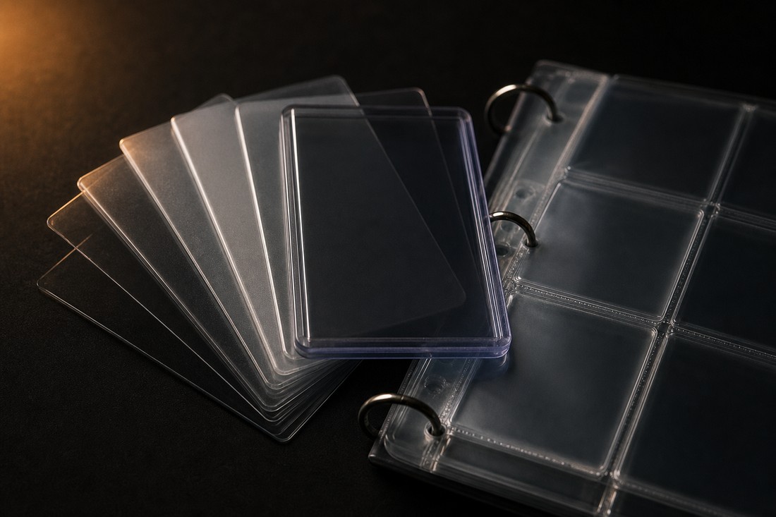 Card sleeves and a rigid toploader fanned out beside an open binder page