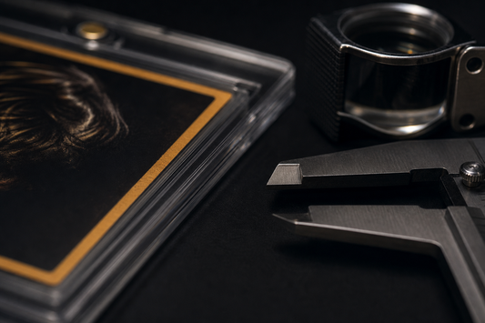A sealed graded card slab beside a jeweller's loupe and steel calipers