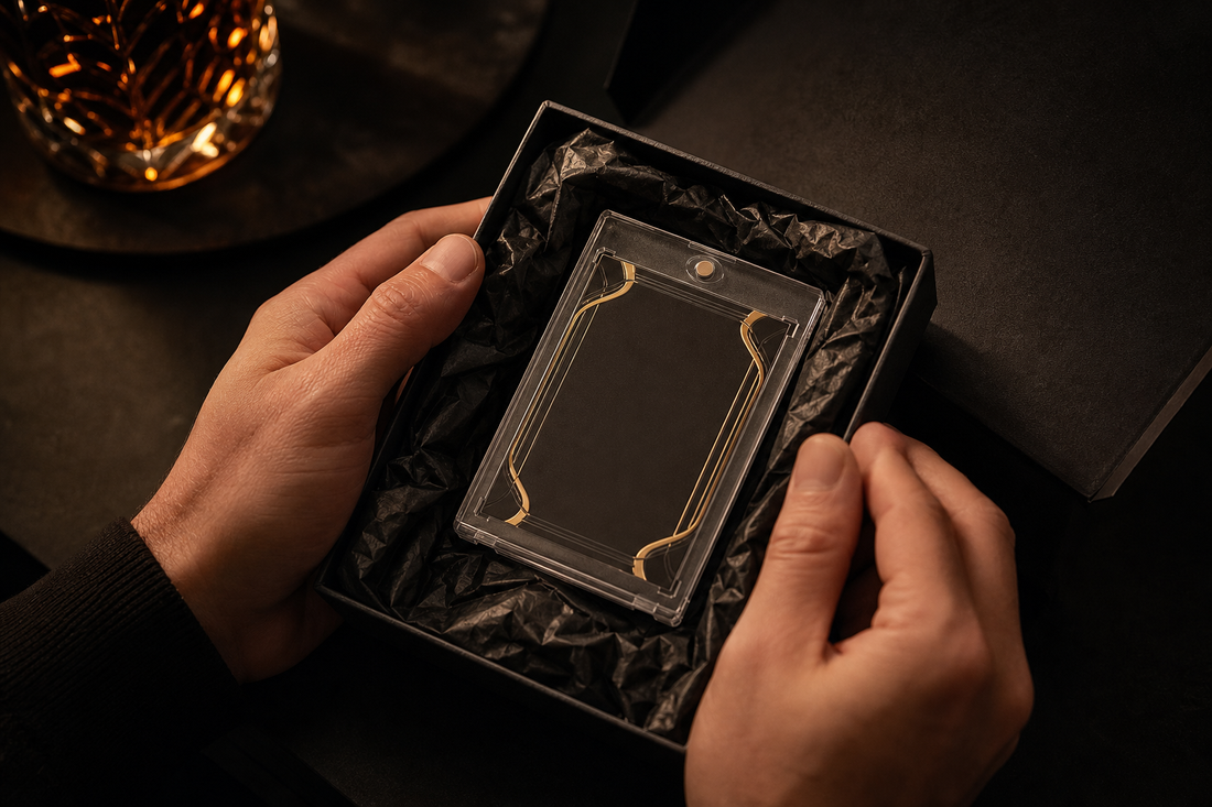Two hands holding an open gift box with a card display case nestled in tissue paper
