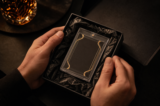 Two hands holding an open gift box with a card display case nestled in tissue paper