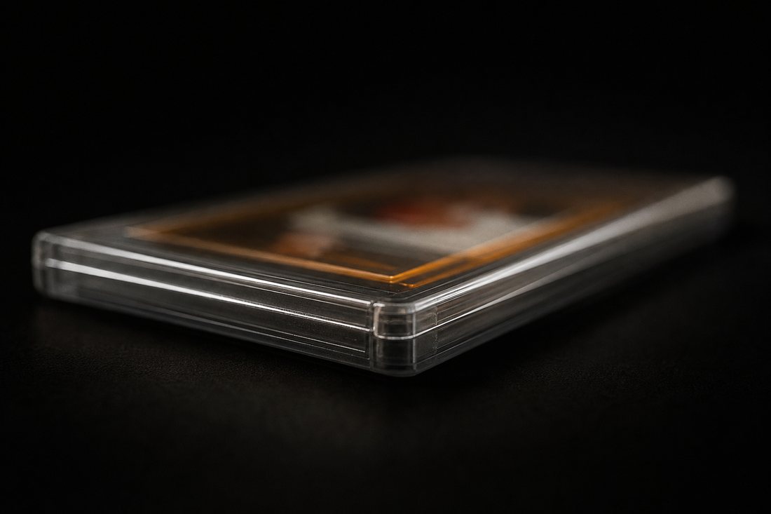 A sealed rigid card slab photographed edge-on, light raking across its welded seam