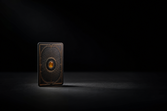 A single trading card standing alone in a pool of light on a wide empty dark surface