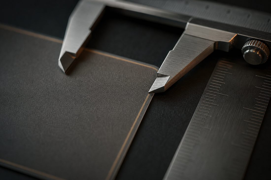 Machinist calipers measuring the short edge of a trading card