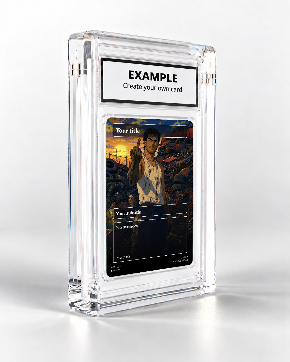 Angry trading card in its display case