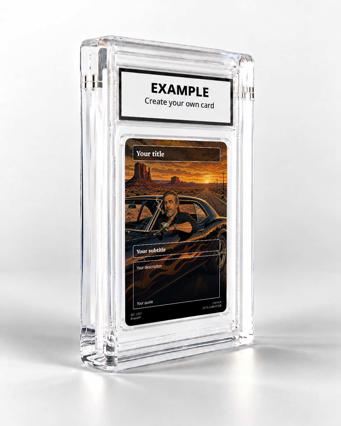 Father trading card in its display case