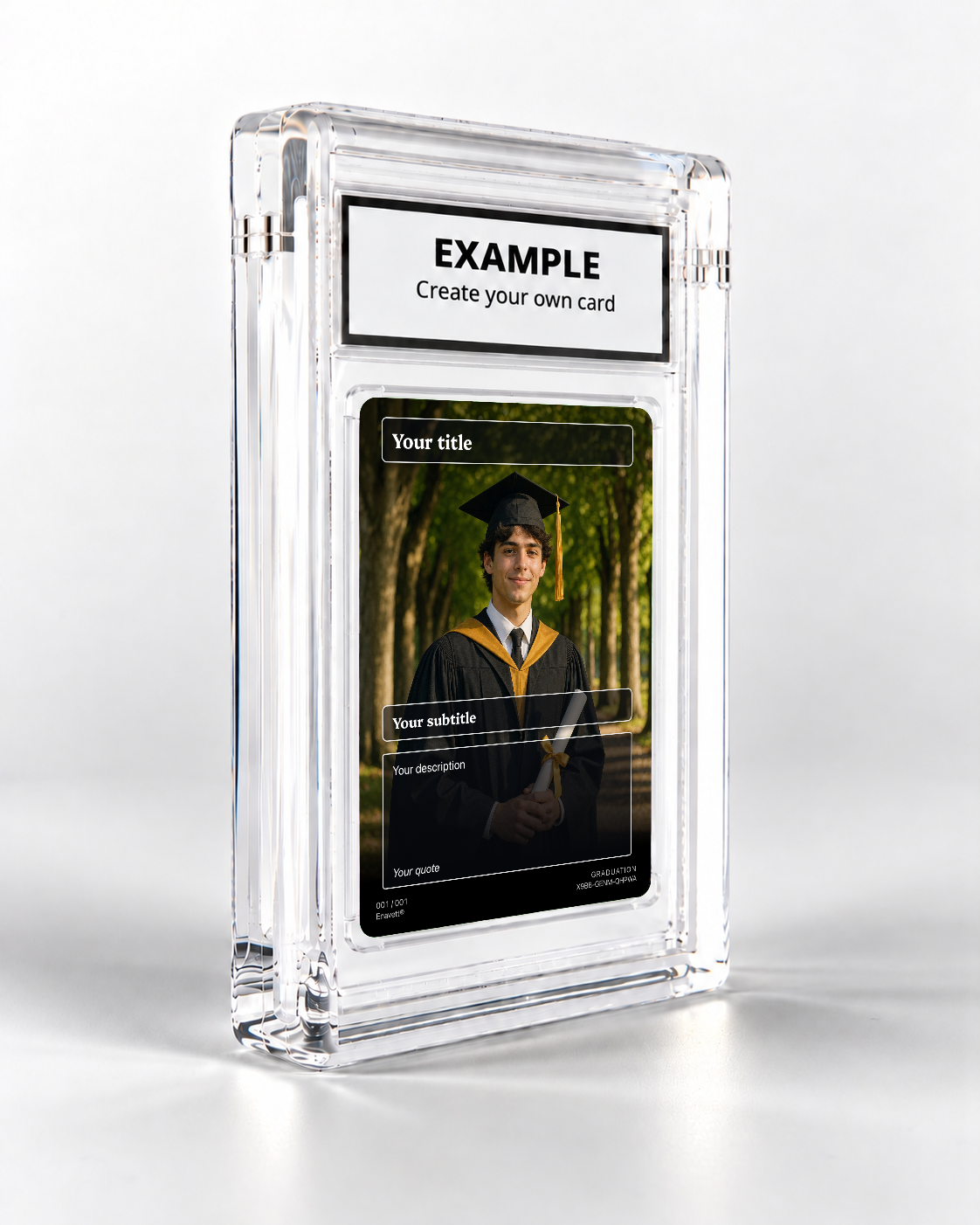 Graduation trading card in its display case