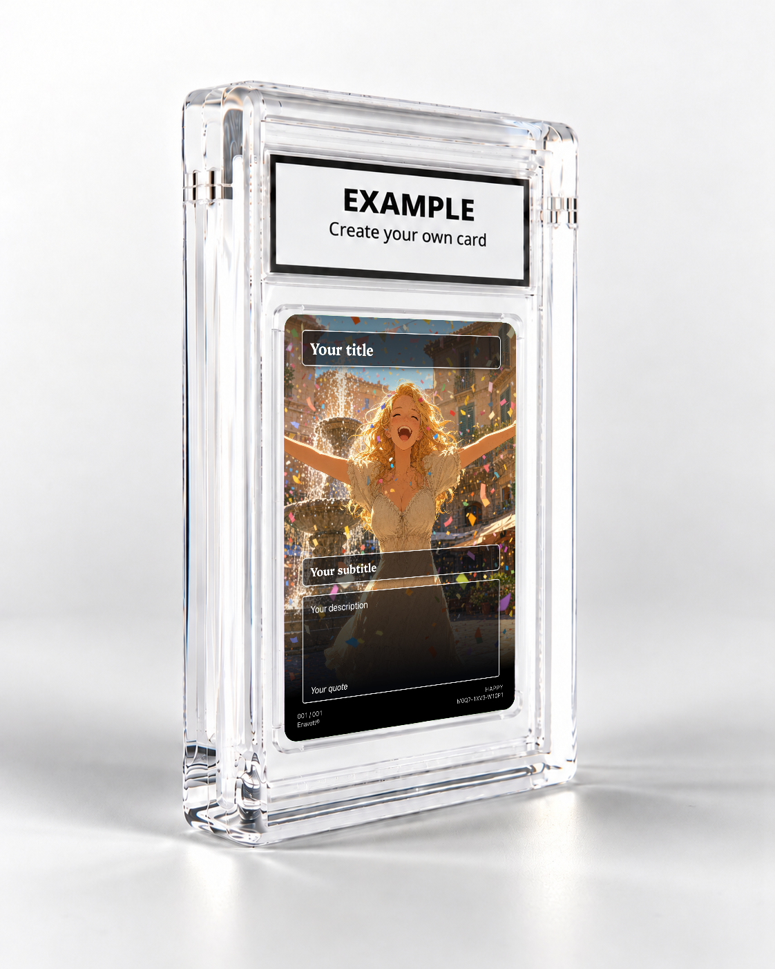 Happy trading card in its display case