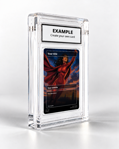 Superhero trading card in its display case